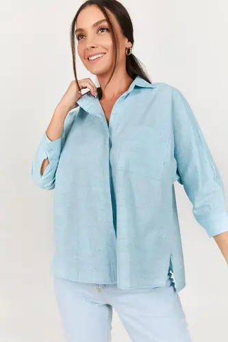 Kadın Bebe Mavi CEPLİ SALAŞ KETEN GÖMLEK ARM-21Y001035-Bebe Mavi - 3