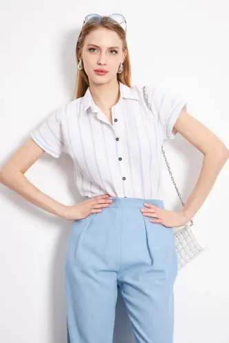 Kadın Bebe Mavi Çizgili Kısa Kol Gömlek ARM-24Y001067-Bebe Mavi - 3