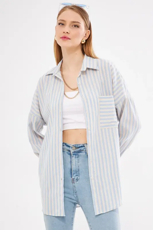 Kadın Bebe Mavi Çizgili Uzun Kol Cep Detaylı Pileli Oversize Gömlek ARM-24Y001057-Bebe Mavi - ARMONIKA