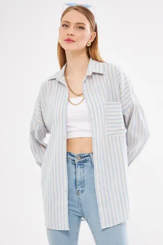 Kadın Bebe Mavi Çizgili Uzun Kol Cep Detaylı Pileli Oversize Gömlek ARM-24Y001057-Bebe Mavi 