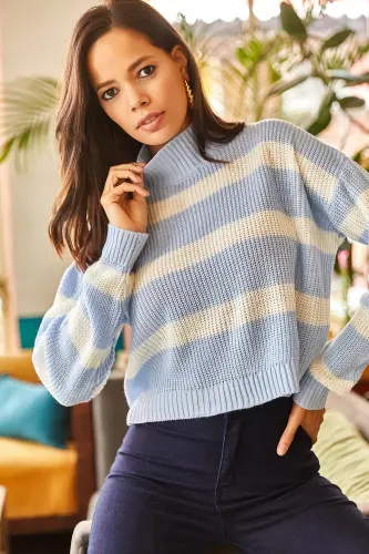 Kadın Bebe Mavi Çizgili Yarım Balıkçı Crop Triko Kazak KZK-19000402 - Bebe Mavi 