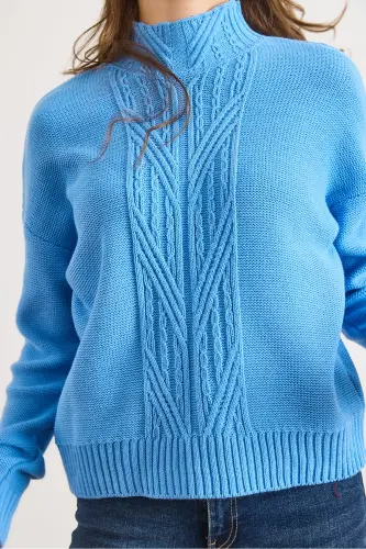 Kadın Bebe Mavi Dik Yaka Ortası Saç Örgülü Triko Kazak KZK-19000912-Bebe Mavi - 4
