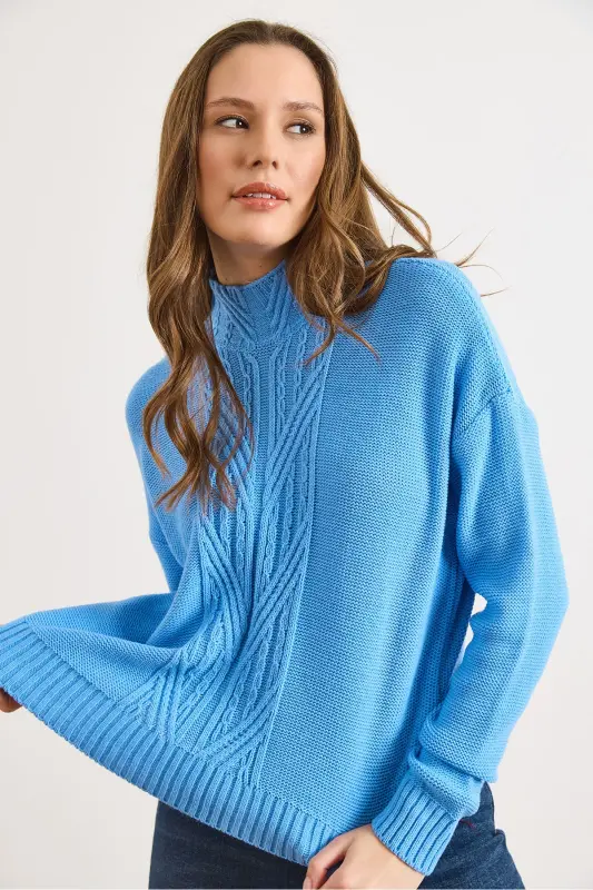 Kadın Bebe Mavi Dik Yaka Ortası Saç Örgülü Triko Kazak KZK-19000912-Bebe Mavi - 6