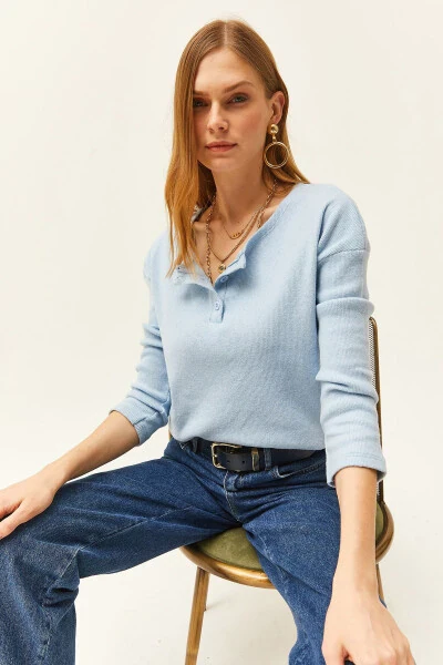 Kadın Bebe Mavi Düğmeli Şardonlu Salaş Kazak KZK-19000721-Bebe Mavi - 3