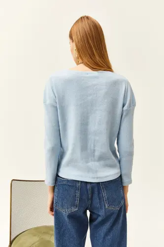 Kadın Bebe Mavi Düğmeli Şardonlu Salaş Kazak KZK-19000721-Bebe Mavi - 5