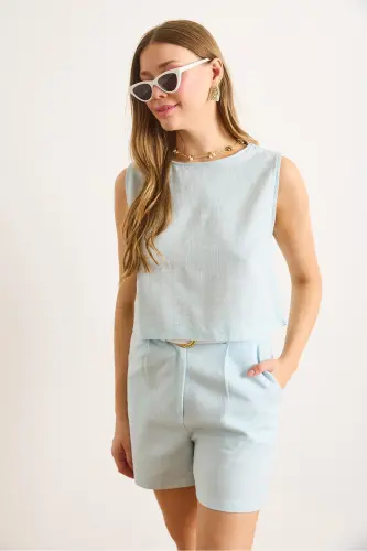 Kadın Bebe Mavi Flam Keten Crop Bluz BLZ-19002925-Bebe Mavi - 2