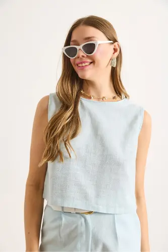 Kadın Bebe Mavi Flam Keten Crop Bluz BLZ-19002925-Bebe Mavi - 3