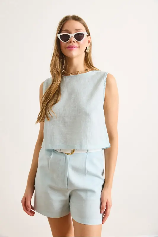 Kadın Bebe Mavi Flam Keten Crop Bluz BLZ-19002925-Bebe Mavi - 4