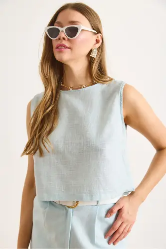 Kadın Bebe Mavi Flam Keten Crop Bluz BLZ-19002925-Bebe Mavi - 6