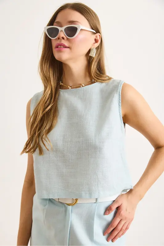Kadın Bebe Mavi Flam Keten Crop Bluz BLZ-19002925-Bebe Mavi - 6