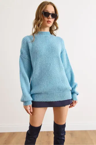 Kadın Bebe Mavi Kalın Örgü Şardonlu Balon Kol Triko Kazak KZK-19000863-Bebe Mavi 