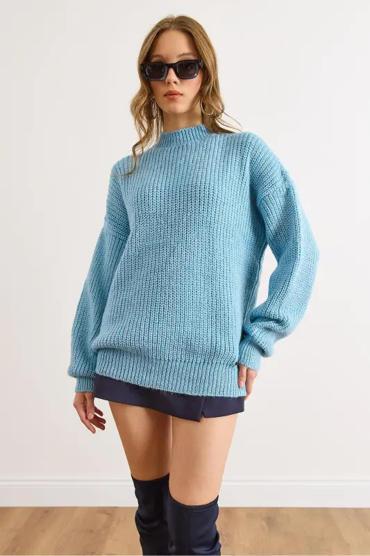 Kadın Bebe Mavi Kalın Örgü Şardonlu Balon Kol Triko Kazak KZK-19000863-Bebe Mavi - 2