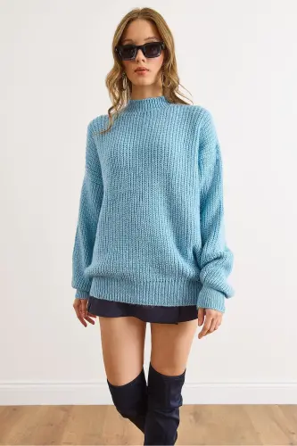 Kadın Bebe Mavi Kalın Örgü Şardonlu Balon Kol Triko Kazak KZK-19000863-Bebe Mavi - 4