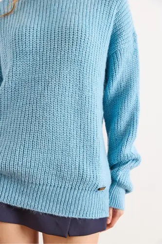 Kadın Bebe Mavi Kalın Örgü Şardonlu Balon Kol Triko Kazak KZK-19000863-Bebe Mavi - 5