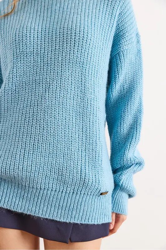 Kadın Bebe Mavi Kalın Örgü Şardonlu Balon Kol Triko Kazak KZK-19000863-Bebe Mavi - 5