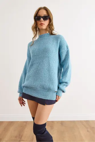 Kadın Bebe Mavi Kalın Örgü Şardonlu Balon Kol Triko Kazak KZK-19000863-Bebe Mavi - 3