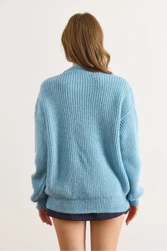 Kadın Bebe Mavi Kalın Örgü Şardonlu Balon Kol Triko Kazak KZK-19000863-Bebe Mavi - 6