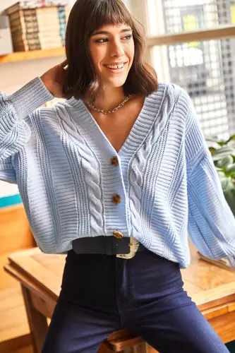 Kadın Bebe Mavi Kalın Saç Örgülü Triko Hırka HRK-19000082-Bebe Mavi - 1