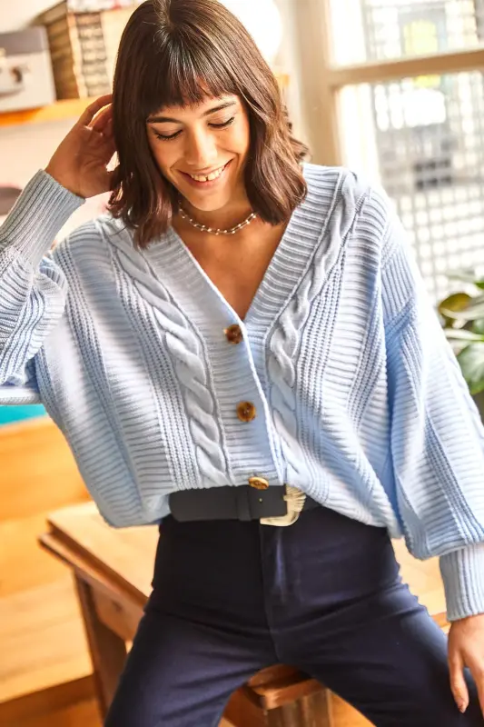 Kadın Bebe Mavi Kalın Saç Örgülü Triko Hırka HRK-19000082-Bebe Mavi - 4