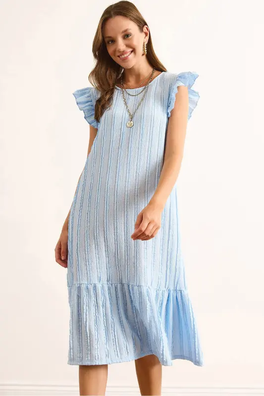 Kadın Bebe Mavi Kol Etek Fırfırlı Dokulu Midi Elbise ELB-19002364-Bebe Mavi - 1