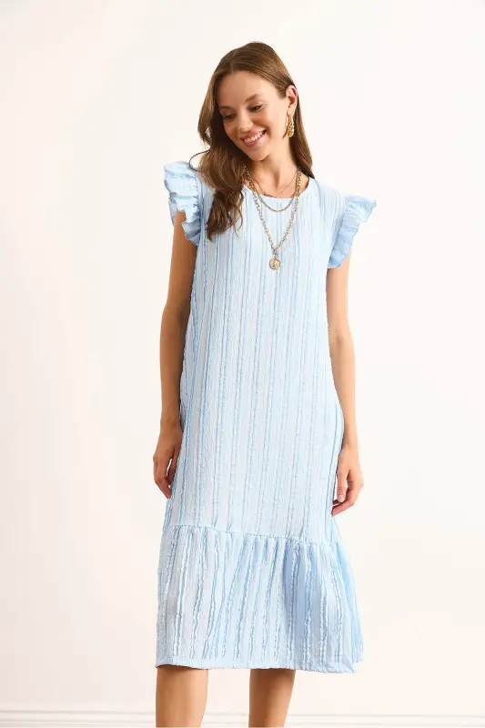 Kadın Bebe Mavi Kol Etek Fırfırlı Dokulu Midi Elbise ELB-19002364-Bebe Mavi - 4