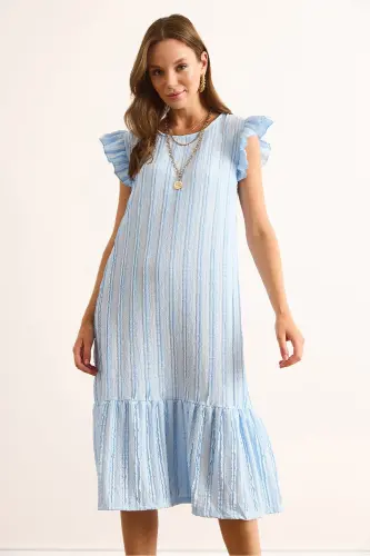 Kadın Bebe Mavi Kol Etek Fırfırlı Dokulu Midi Elbise ELB-19002364-Bebe Mavi - 5