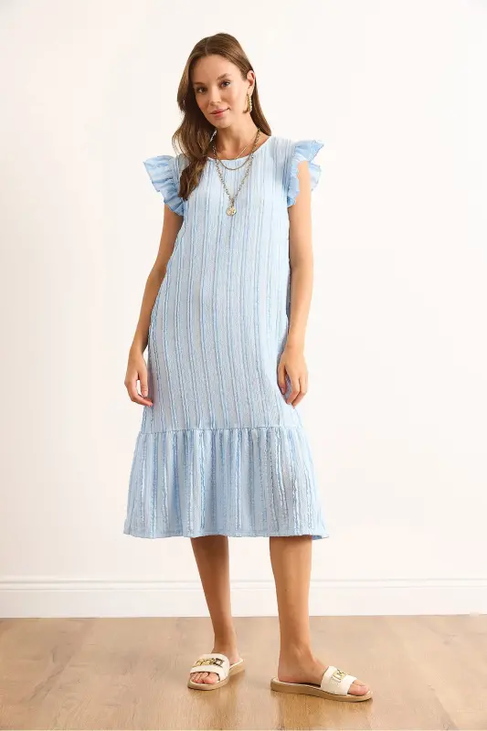 Kadın Bebe Mavi Kol Etek Fırfırlı Dokulu Midi Elbise ELB-19002364-Bebe Mavi - 2