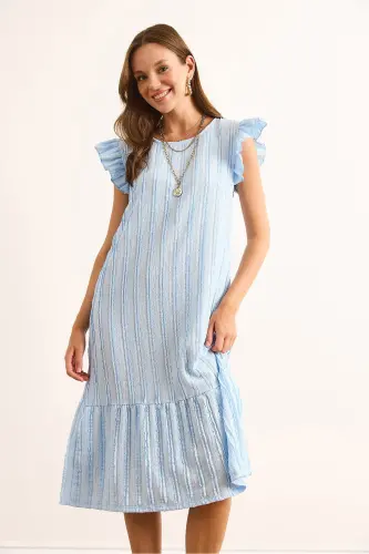 Kadın Bebe Mavi Kol Etek Fırfırlı Dokulu Midi Elbise ELB-19002364-Bebe Mavi - 3