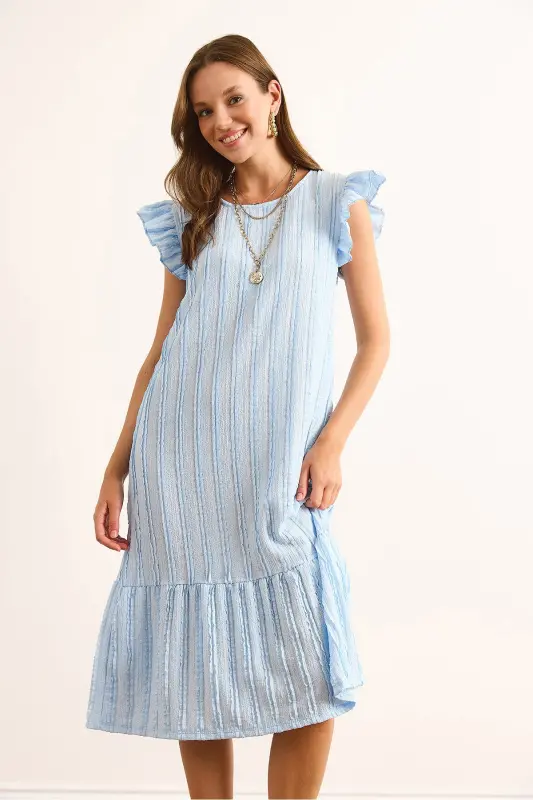 Kadın Bebe Mavi Kol Etek Fırfırlı Dokulu Midi Elbise ELB-19002364-Bebe Mavi - 3