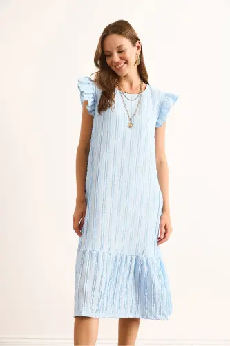 Kadın Bebe Mavi Kol Etek Fırfırlı Dokulu Midi Elbise ELB-19002364-Bebe Mavi - 4