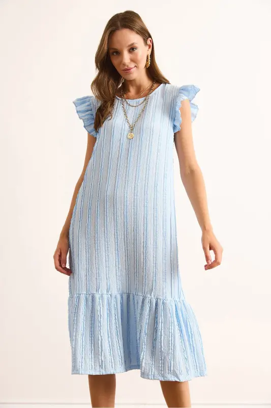 Kadın Bebe Mavi Kol Etek Fırfırlı Dokulu Midi Elbise ELB-19002364-Bebe Mavi - 5