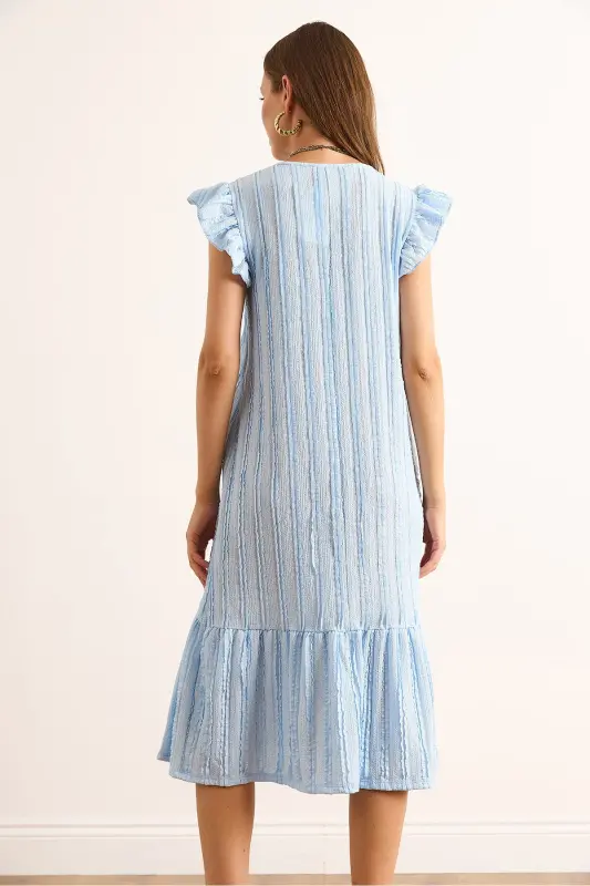 Kadın Bebe Mavi Kol Etek Fırfırlı Dokulu Midi Elbise ELB-19002364-Bebe Mavi - 6