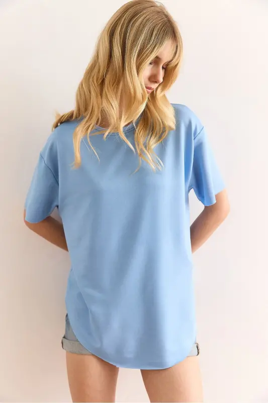 Kadın Bebe Mavi Modal Tuşeli Yumuşak Dokulu Altı Oval Tişört TSH-19000771 - Bebe Mavi - 1