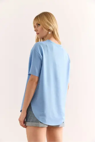 Kadın Bebe Mavi Modal Tuşeli Yumuşak Dokulu Altı Oval Tişört TSH-19000771 - Bebe Mavi - 2