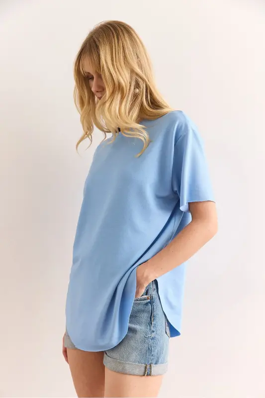 Kadın Bebe Mavi Modal Tuşeli Yumuşak Dokulu Altı Oval Tişört TSH-19000771 - Bebe Mavi - 3