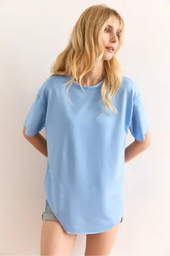 Kadın Bebe Mavi Modal Tuşeli Yumuşak Dokulu Altı Oval Tişört TSH-19000771 - Bebe Mavi - 4