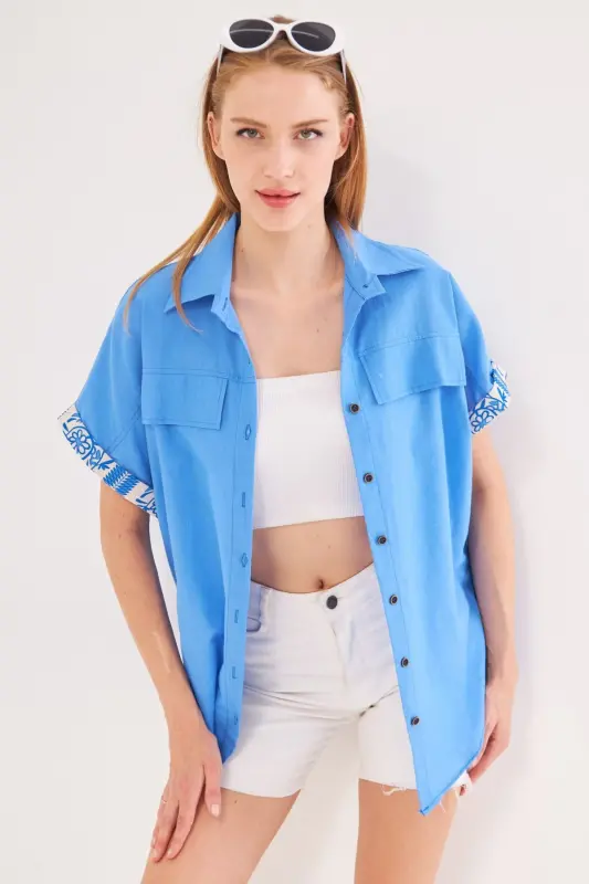 Kadın Bebe Mavi Oversize Duble Kol Detaylı Gömlek ARM-24Y001075-Bebe Mavi - 1