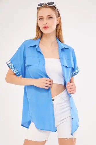 Kadın Bebe Mavi Oversize Duble Kol Detaylı Gömlek ARM-24Y001075-Bebe Mavi - 3