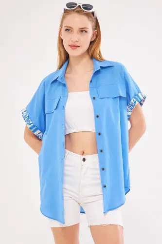 Kadın Bebe Mavi Oversize Duble Kol Detaylı Gömlek ARM-24Y001075-Bebe Mavi - 4