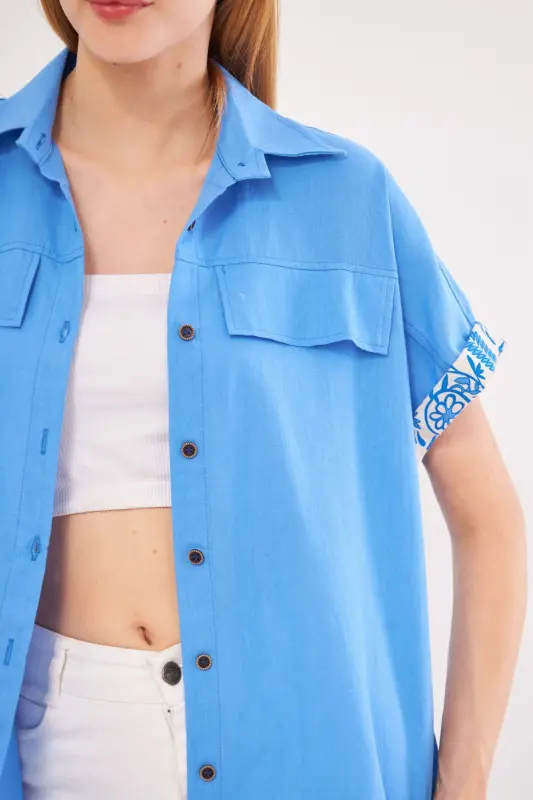Kadın Bebe Mavi Oversize Duble Kol Detaylı Gömlek ARM-24Y001075-Bebe Mavi - 5