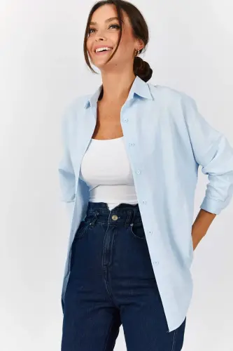 Kadın Bebe Mavi Oversize Uzun Basic Gömlek ARM-22Y001118-Bebe Mavi - 3