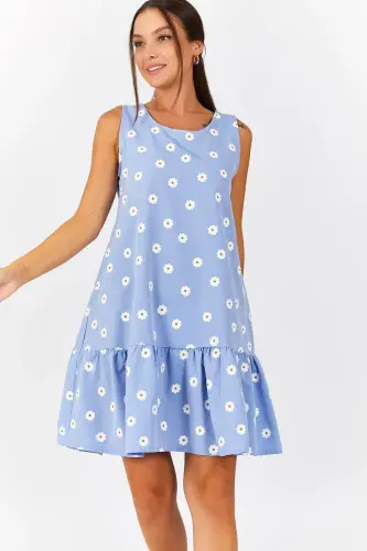 Kadın Bebe Mavi Papatya Desen Kolsuz Eteği Fırfırlı Elbise ARM-22Y001123-Bebe Mavi - ARMONIKA (1)