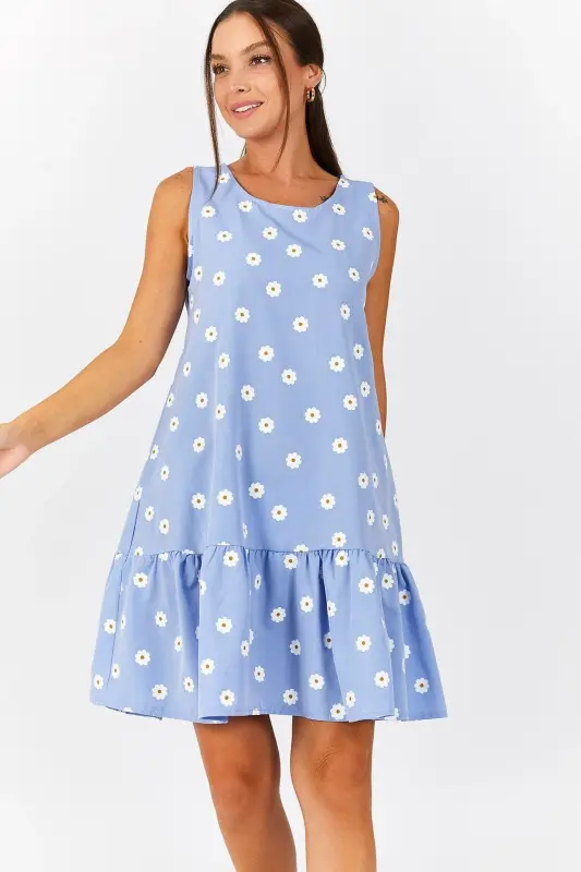 Kadın Bebe Mavi Papatya Desen Kolsuz Eteği Fırfırlı Elbise ARM-22Y001123-Bebe Mavi - 2