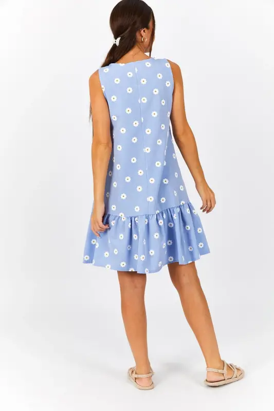 Kadın Bebe Mavi Papatya Desen Kolsuz Eteği Fırfırlı Elbise ARM-22Y001123-Bebe Mavi - 4