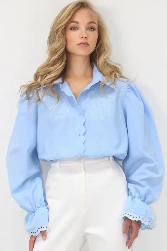 Kadın Bebe Mavi Prenses Kol Güpür Nakışlı Dokuma Gömlek Alc-X7829-BEBE MAVİ - 1