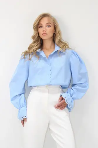 Kadın Bebe Mavi Prenses Kol Güpür Nakışlı Dokuma Gömlek Alc-X7829-BEBE MAVİ - 4