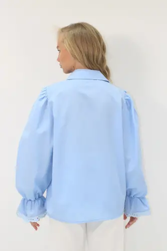 Kadın Bebe Mavi Prenses Kol Güpür Nakışlı Dokuma Gömlek Alc-X7829-BEBE MAVİ - 5