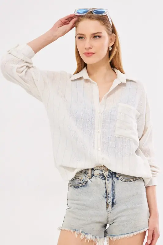 Kadın Bebe Mavi Uzun Kollu Cep Detaylı Sırtı Pileli Çizgili Oversize Gömlek ARM-24Y001053-Bebe Mavi - 1