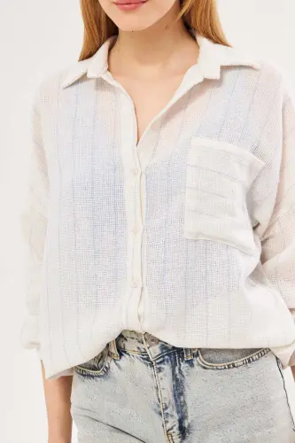 Kadın Bebe Mavi Uzun Kollu Cep Detaylı Sırtı Pileli Çizgili Oversize Gömlek ARM-24Y001053-Bebe Mavi - 3