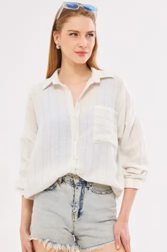 Kadın Bebe Mavi Uzun Kollu Cep Detaylı Sırtı Pileli Çizgili Oversize Gömlek ARM-24Y001053-Bebe Mavi - 4